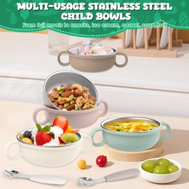 EsOfficce Stainless Steel Baby Bowls, 8.5fl Oz Kids Bowl with Anti-scald Removable Silicone Shell, BPA Free Baby Feeding Bowls with Fork Spoon for Snacks, Ice Cream, Cereal, Soup, Fruit (4 Colors)