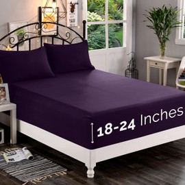 Elegant Comfort 1500 Premium Quality Fitted Sheet Ultra Soft 18-24 Inch Extra Deep Pocket - Single Fitted Sheet for High Mattress - Wrinkle Free with Smart Storage Pockets, King, Eggplant-Purple
