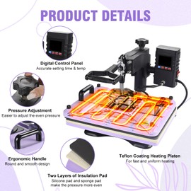 PlanetFlame Heat Press Machine 12x15 Inch, 360° Swing Away 5 in 1 Heat Transfer Machine, Multifunctional Heat Transfer Press Machine with 30OZ Tumbler Attachment for Hat/Plate/T-Shirt/Mug, Purple