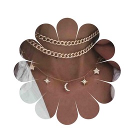 Yheakne Boho Layered Star Moon Necklace Choker Gold CZ Moon Pendant Necklace Rhinestone Star Dangle Necklace Punk Curb Chain Necklace Jewellery for Women and Girls Gifts