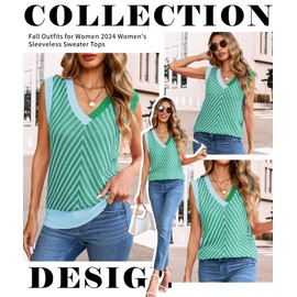 MARZXIN Women Sleeveless Sweater V Neck Casual 2025 Knitted Chevron V Neck Sweater Vest Color Block Pullover Sweater Top Lake Green M