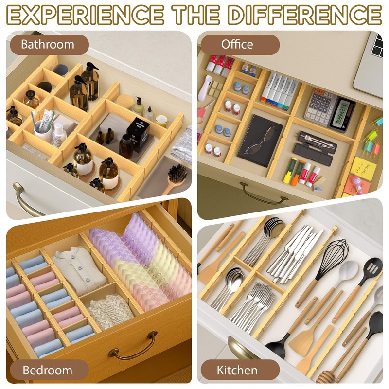 MHBAC 4-Pack Bamboo Drawer Dividers with 14 Thicker Inserts, Silicone