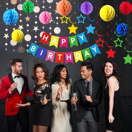 Rainbow Birthday Banner with Honeycomb Balls, Stars Hanging Swirl Streamers, Star Circle Dot Hanging Garland, Happy Birthday Party Decorations for Women Men Boys Girls