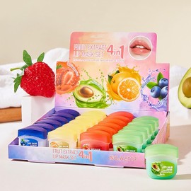 Set de bálsamos labiales hidratantes en cuatro aromas: exfolian, alivian la sequedad, reducen las arrugas y nutren los labios. Apto para hombres y mujeres. 24 unidades por caja.