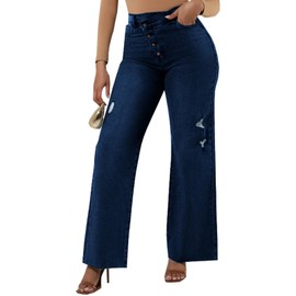 Navy Blue High Waisted Jeans for Women Stretchy Ripped Distressed Classic Button Wide Leg Denim Pants