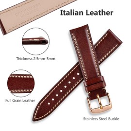WOCCI 20mm Luxury Watch Band, Italian Leather Strap with Rose Gold Buckle (Burgundy)