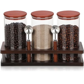 Suclain 3 Pcs Glass Coffee Bean Container 44 oz Airtight Coffee Canister with Shelf and Measuring Spoon Kitchen Food Canister Jar for Sugar Candy (Classic Style, Wood, Glass, Stainless Steel)