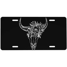 UEQIKI Front License Plate Longhorn Cattle Skull Vanity Plates Aluminum Metal Decorative Car Tag Novelty License Plate Cover for Men Women ‎6 * 12 in (4 Holes)