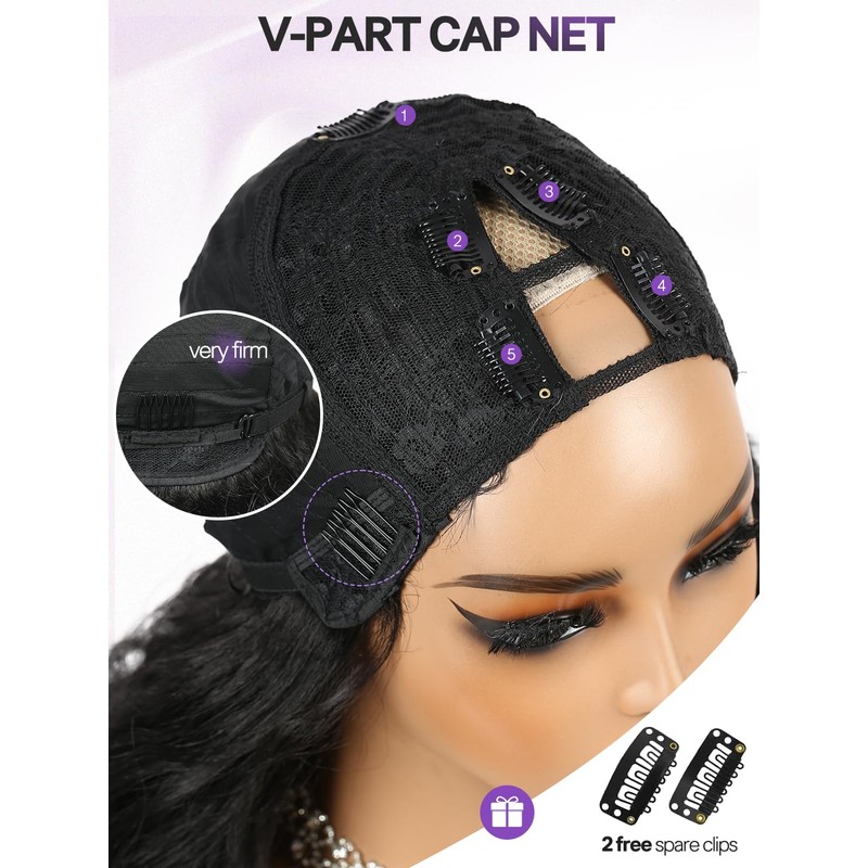 Yaki Curly V Part Wigs Black Loose Wave Wig with