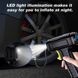 HUIYOPU Cordless Car Tyre Inflator,Tyre Inflator Air Compressor 150PSI,Protable Car Tyre Pump 12V,Auto Shut Off Tyre Inflator with LED Light & 4 Nozzles Suitable for Car Motorcycle Bicycle Ball