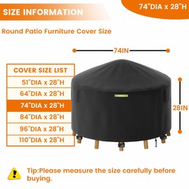 Yexcend 74 Inch Round Patio Furniture Covers with Support Pole, 800D Heavy Duty Waterproof Tear-Resistant Polyester Round Outdoor Table Cover