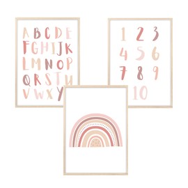 MeinBaby123® Children's Room Pictures, Set of 3 A4 Posters, Alphabet ABC Learning Poster, Numbers Rainbow, Decorative Children's Room Girls, Baby Room, Wall Poster Premium (ABC, Rainbow, Numbers -