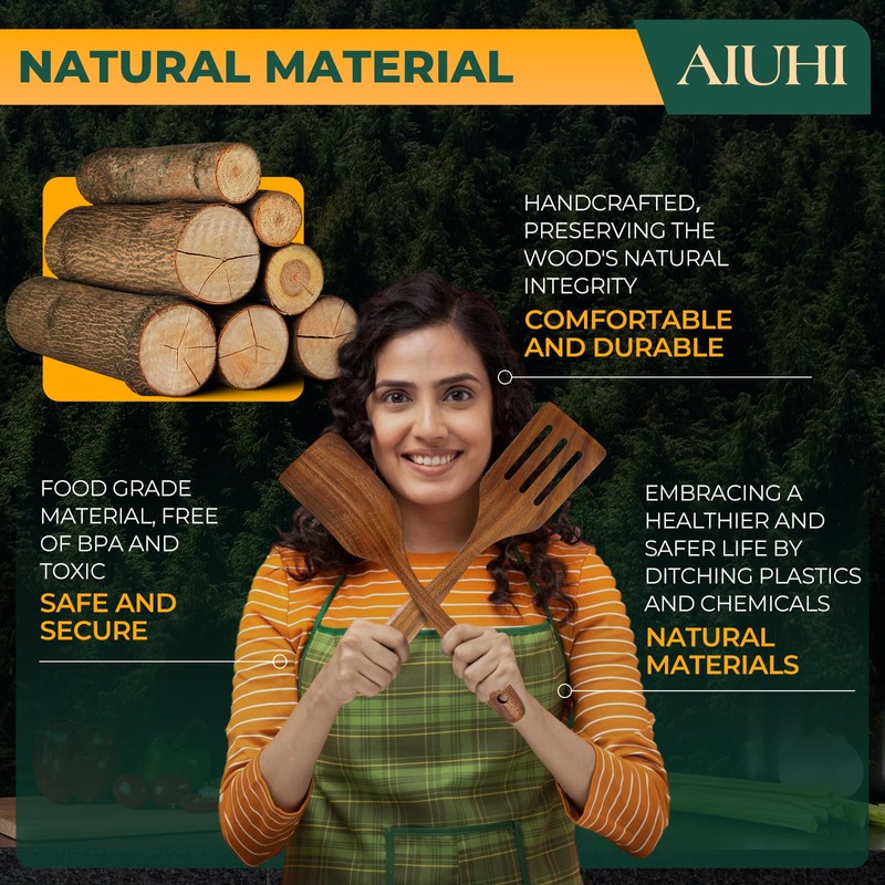 AIUHI Teak Wood Spatula for Cooking, Durable Flat Turner and