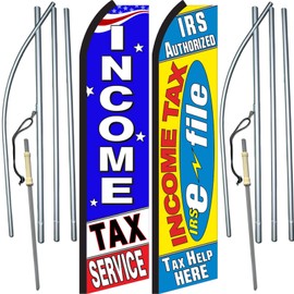 2 Pack of Income Tax Service/E-File Swooper Feather Flag Sets - Includes 2 Swooper Feather Flags, 2 Flagpoles, and 2 Ground Spikes