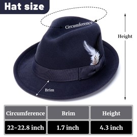 Geebuzz Fedora Hats for Men Women Classic Short Brim Felt Manhatta Fedora Hat with Feathers Band (UK, Alpha, One Size, Feather-Navy)