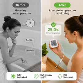 Zigbee Smart Thermometer with Probe – IP65 LCD Temperature Monitor for Pools, Bathtubs, Fridges and Freezers