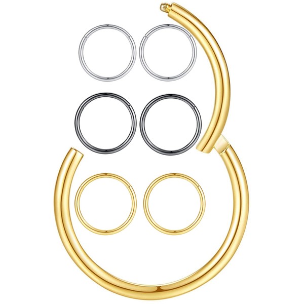 3Pairs 18G/16G 6/7/8/9/10MM Surgical Steel Clicker Hinged Nose Rings Small