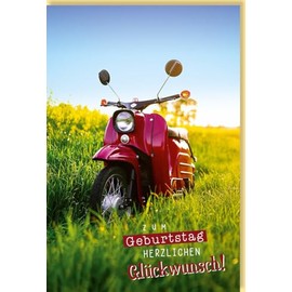Skorpion Birthday Card 16 Years with Red Scooter on Green Meadow and Blue Sky Text "Zum Geburtstag" [German Language] Ideal for Teenagers, Boys and Girls with Envelope