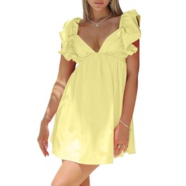 hibshaby Sexy Deep V Neck Ruffle Sleeve Mini Backless Lace Up Babydoll Summer Short Dress Yellow S