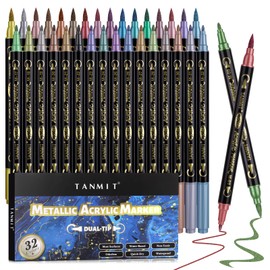 TANMIT 32 Colors Metallic Marker Pens, Dual Tip Acrylic Paint Pens Markers for Black Paper, Scrapbooking, Rock Painting, Wood, Canvas, Stone, Glass, Ceramic, DIY Crafts Making Art Supplies