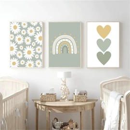 Ueiwffzo Set of 3 Posters for Children's Room, Boho Daisies Rainbow Wall Pictures Children's Room Decoration, Canvas Wall Posters for Children's Room, Without Frame (30 x 40 cm)