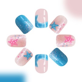 Summer Press on Nails Short Square Fake Nails with Designs Beach False Nails Plam Tree Glossy Full Cover Blue Acrylic Glue on Nails Starfish Sea Stick on Nails for Women Manicure 24 Pcs