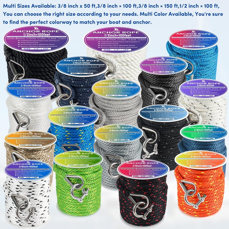 Premium Anchor Rope 50 ft x 3/8 inch, Solid Braid