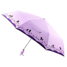 SUNHUITOY Windproof Compact Travel Folding Cute Cat Umbrella,Auto Open Close Rain&Sun Lightweight Portable Umbrellas with Cover for Kids Women Men (Purple)