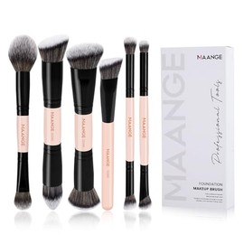 MAANGE Brochas para Maquillaje de Doble Punta 6PCS Set de Brochas de Maquillaje Premium Multi Usos con Estuche Brocha para Base Pulir Líquidos, Cremas, Polvos Ideal para Regalar-Beige+Negro