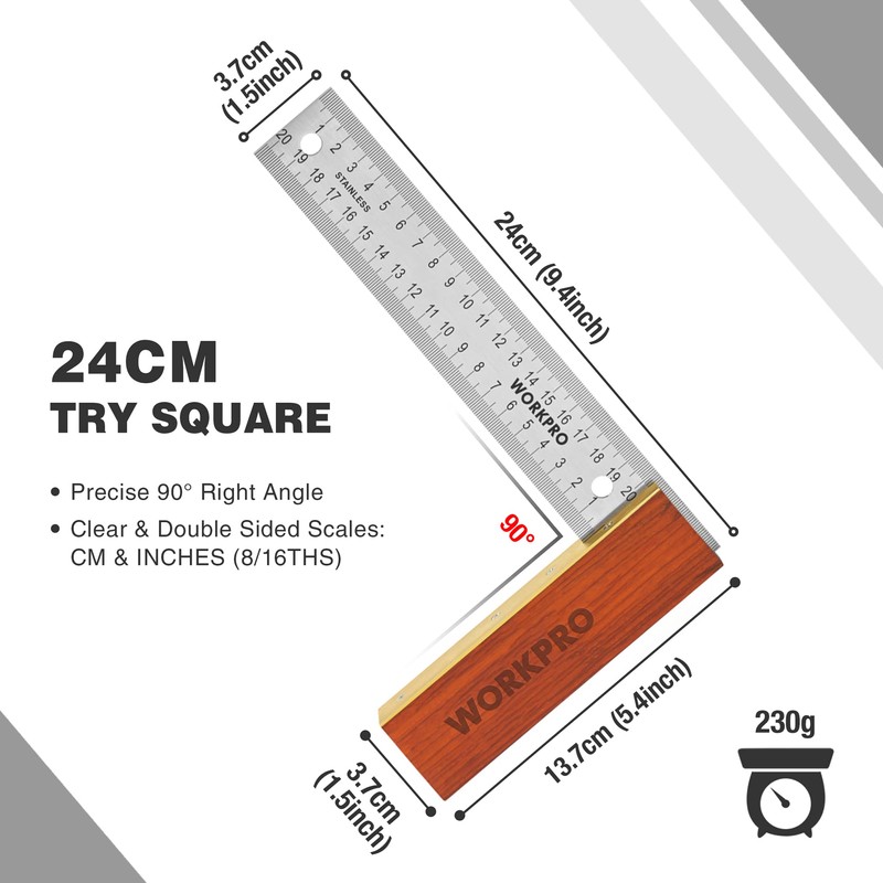 WORKPRO Carpentry Squares Set 2-Piece, Try Square 8-Inch/200mm, Adjustable Sliding