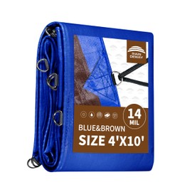 RAINDEWAY Tarp 4x10 Feet Heavy Duty Tarps 14 Mils with Metal Rings and Reinforced Corners and Edges,Waterproof,UV Resistant, Multipurpose Poly Tarp,Blue/Brown tarp