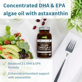 Igennus Vegan Omega-3 Natural Algae Oil, DHA & EPA, Certified Pure, Plant Based Fatty Acid Supplement, with Astaxanthin Antioxidant, 60 Small Softgels, 2 per Day, 30 Servings