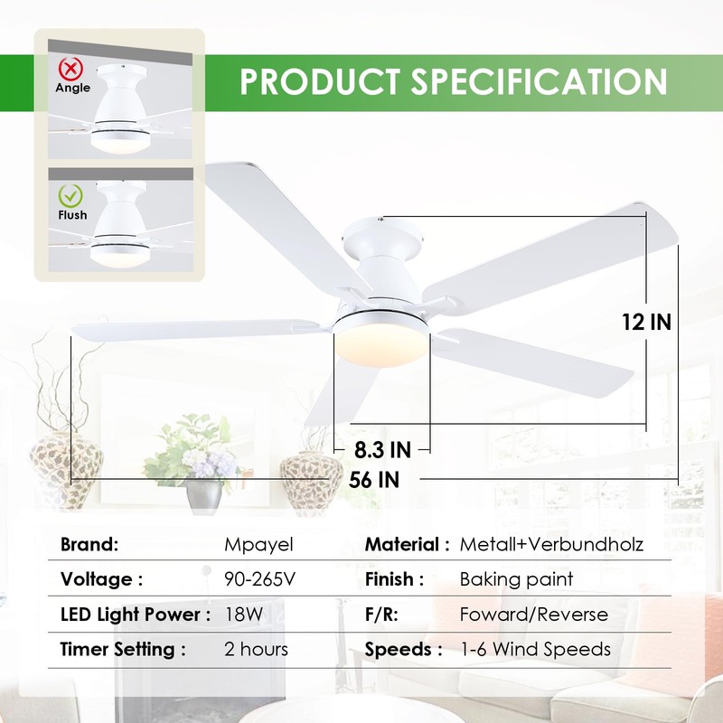 Ceiling Fans with Lights, 56" Flush Mount Ceiling Fan with