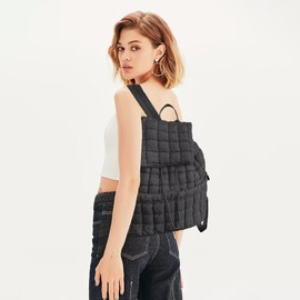 COFIHOME Quilted Puffer Backpack Purse for Women Girls Fashion Shool Ladies Puffy knapsack Anti-theft Top Flap Drawstring 14 Inch Laptop Lightweight Pack Padding Travel Hiking Gym Rucksack Bag,Black