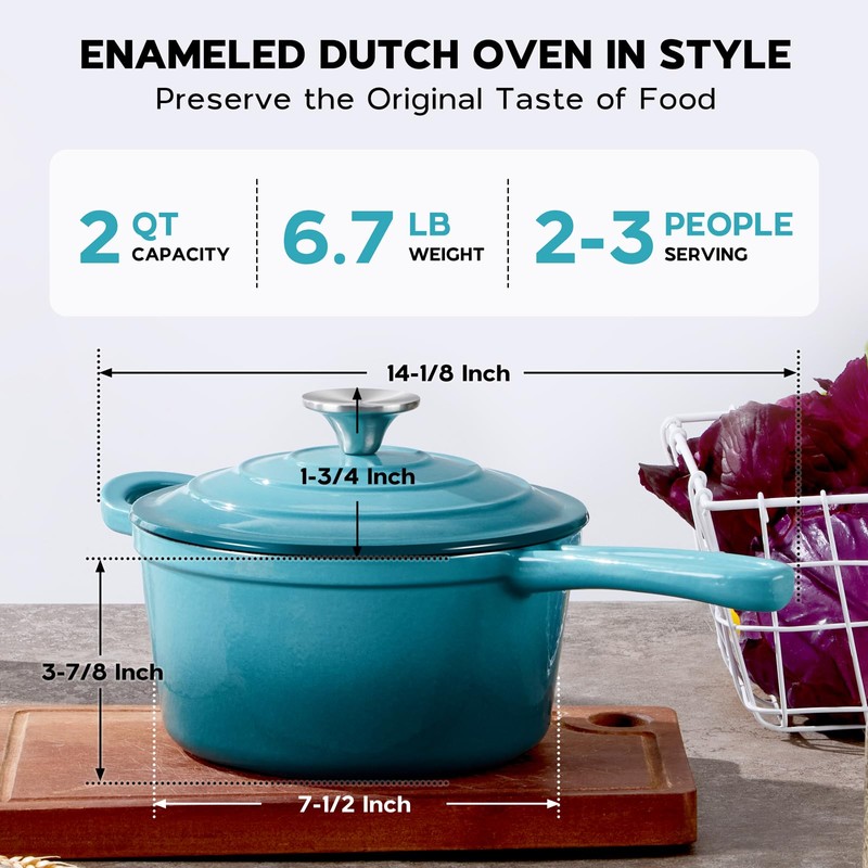 Onader Enameled Cast Iron Sauce Pan, 2QT Saucepan with Lid,