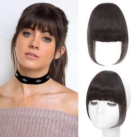 Carendia Bangs Hair Clip Human Hair Dark Brown French Bangs for Women Fringe with Temples Hairpieces Clip on Bangs for Daily Wear (Dark Brown, French Bangs)