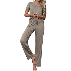 Ekouaer Women's Pajamas Set Soft 2 Piece Lounge Sets V-neck Sleepwear Short Sleeve Top Pants with Pockets Moon Gray Medium