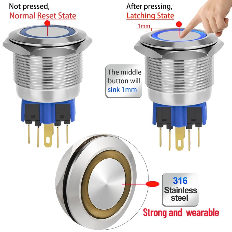 25MM Big Latching Push Button Switch 1inch DPDT Waterproof IP67