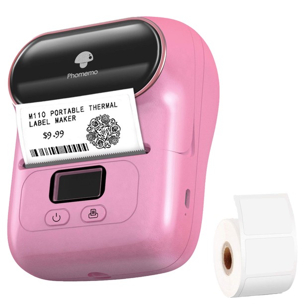 Phomemo M110 Bluetooth Label Maker - Pink Label Printer Maker, Portable Thermal Mini Label Maker Machine for Product, Address, Barcode, QR Code, for iOS & Android, with 1pack 40x30mm Labels, Baby Pink
