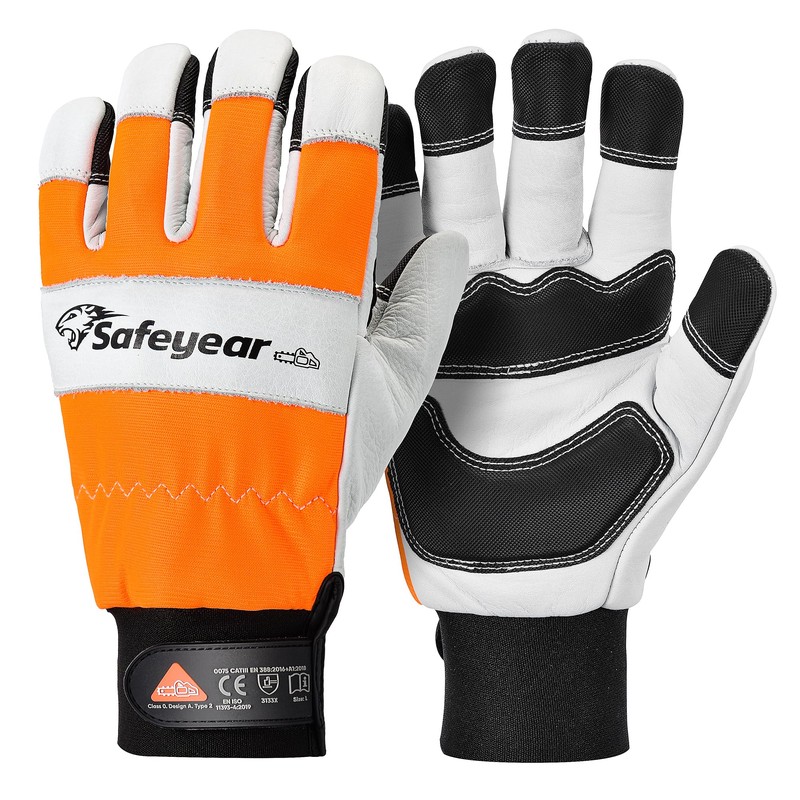 SAFEYEAR Chainsaw Gloves, L, White Cowhide & PVC Reinforced, EVA