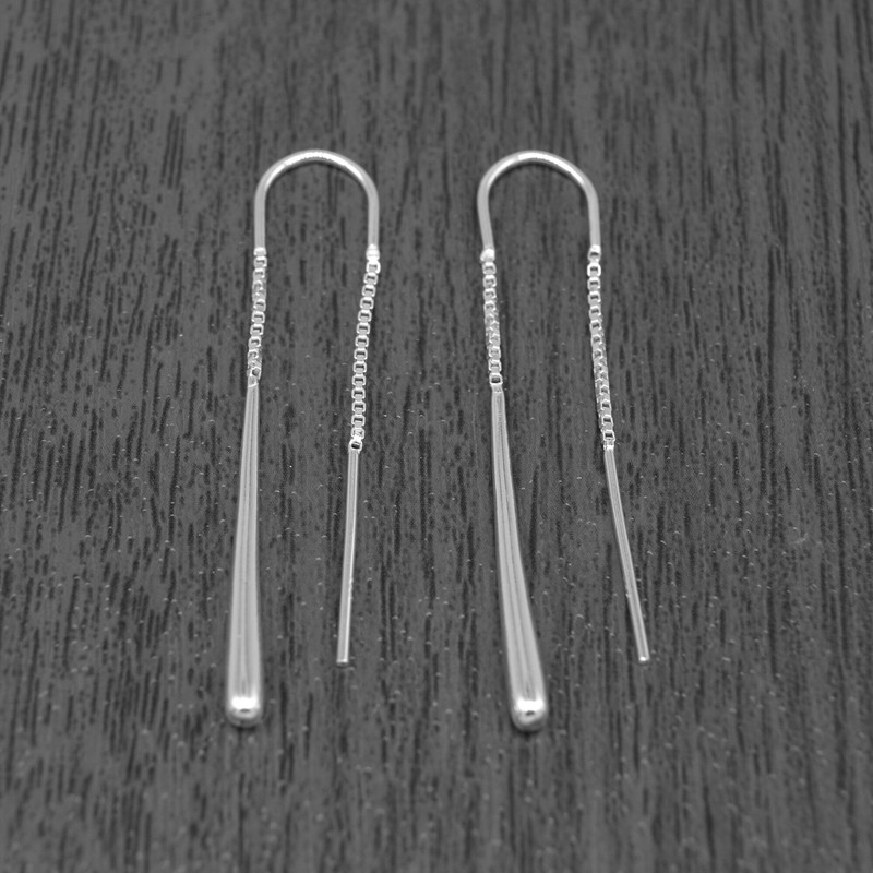 Genuine 925 Sterling Silver Threaded Tear Dropper Pull Through Earrings