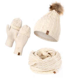 HEYO Hat Scarf Glove Set for Women | Lined Winter Hat with Faux Fur Bobble | Large Loop Scarf | Knitted Fingers/Fingerless Winter Gloves for Touchscreen, beige