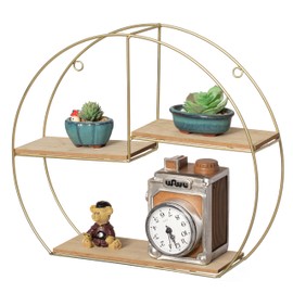 Vintiquewise Elegant 3-Tier Decorative Floating Geometric Arc Wall Shelf - Semi-Circular Metal and Wood Wall-Mounted Shelf for Entryway, Bathroom, Bedroom, and Living Room Decor, Gold Finish