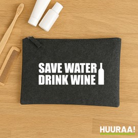 Huuraa Kulturbeutel Save Water Drink Wine Weinflasche Geschenk 1 Liter Filz Charcoal Kosmetiktasche Save Water Drink Wine Geschenkidee