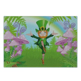 Lunarable Beard Cutting Board, Lucky Dancing Leprechaun on a Mushroom Garden Irish Themed Arrangement Retro Motif, Decorative Tempered Glass Cutting and Serving Board, Small Size, Multicolor