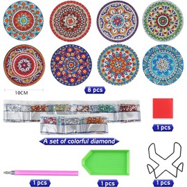 Businey 8 Pcs Diamond Painting Coasters, Diamond Art Kits Adults with Holder，DIY Mandala Diamonds Art Coaster Kits for Beginners Adults Craft Supplies
