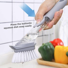 Soap Dispensing Dish Scrub Brush: Dish Brush with Soap Dispenser, Dish Scrubber Brush with 2 PCS Replacement Refills Head for Effortless Dishwashing Kitchen Household Cleaning Dishes Pans Pots Sink