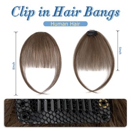 S-noilite Clip in Bangs Human Hair Extensions Fake Wispy Bangs Clip on Bangs Real Human Hair Bangs Hairpieces Medium Brown Air Bangs for Women Daily Wear (Medium Brown)