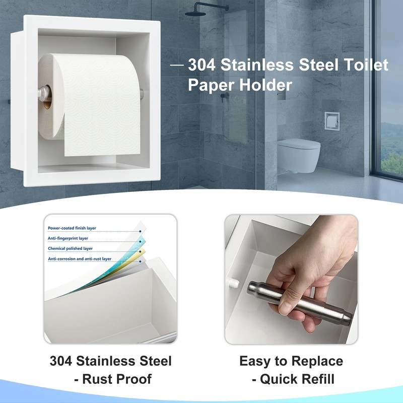 White Recessed Toilet Paper Holder,for Standard/Mega Roll