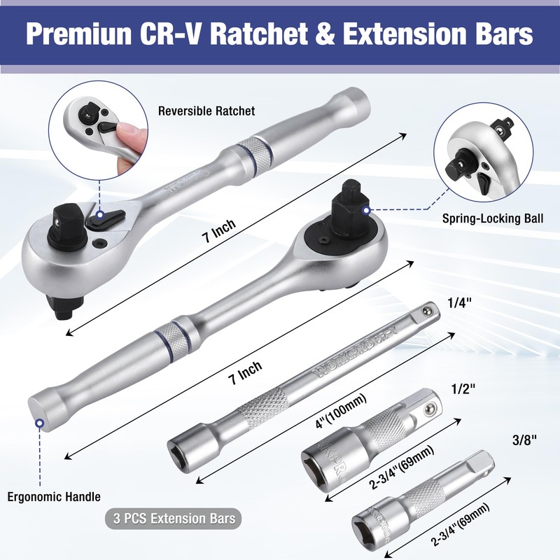WORKPRO 22-Piece Socket Set with 3-in-1 Ratchet Handle, 1/4, 3/8,